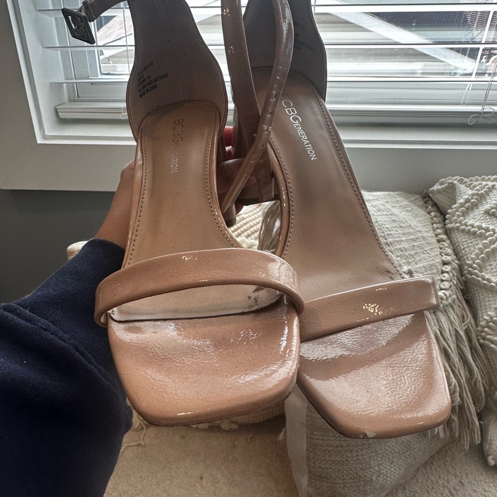 BCBG strappy nude block heels